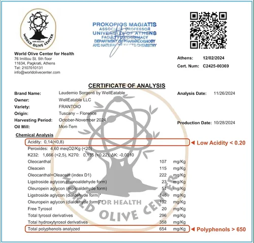 Vista 3 de Laudemio Sorgenti, Aceite de Oliva Extra Virgen Rico en Polifenoles de la Toscana +650 mg/kg, Cosecha Temprana Fresca 2024-2025, Premio de Oro