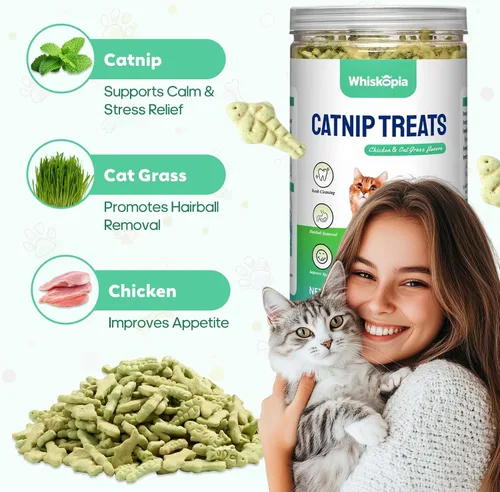 Vista 2 de Golosinas para gatos de interior con hierba gatera de 13.4 onzas con control de bola de pelo y cuidado dental, bocadillos naturales de pollo