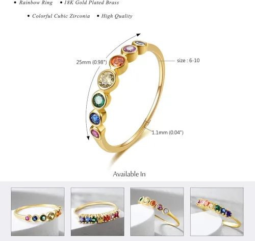 Vista 2 de E 14K Gold Plated Ring for Women Rainbow Eternity Jewelry Rings Band Colorful Round AAA Cubic Zirconia CZ Wedding Rings Dainty Gold Rings for Women