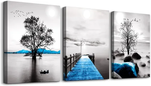 Vista 14 de Arte en lienzo enmarcado en negro para decoración de sala de estar y dormitorio - Pintura de pared de playa en blanco y negro - Imágenes de olas