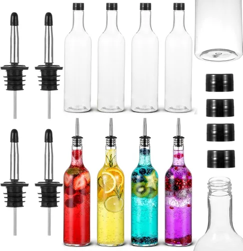Vista 9 de 8 juegos de botellas de plástico de 25 onzas, botellas de jugo de jarabe de cuello largo con vertedor y tapas, recipiente de plástico a prueba