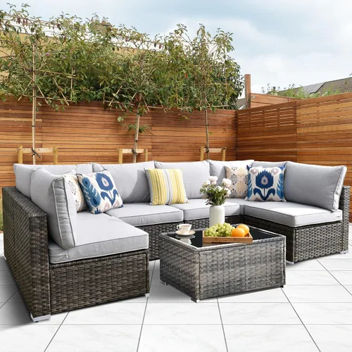 Vista 41 de HOOOWOOO Juego de sofá modular para patio al aire libre, 7 piezas en forma de U, juego de sofá de mimbre rústico para 6 personas, juego de Beige