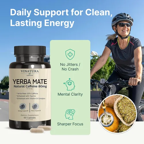 Vista 3 de Yerba Mate 1400mg - Suplementos mágicos naturales de cafeína y energía, alta potencia mejorada con taurina y complejo de vitamina B - 60 cápsulas