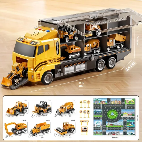 Vista 6 de NIPLOOOW - Juego de vehículos de construcción para niños, camión de juguete con alfombra de juego y coche de juguete fundido a presión