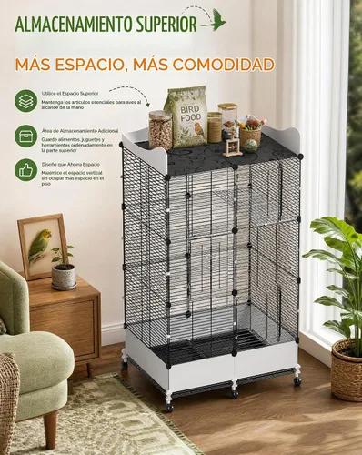 Vista 2 de Jaula cifrada para pájaros grandes de 57 pulgadas, espacio de almacenamiento superior, protector de salpicaduras inferior con suministros esenciales