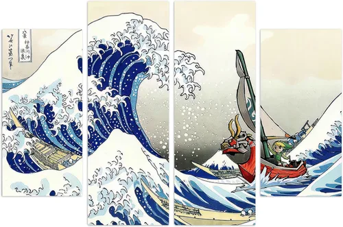 Vista 6 de Arte de Lienzo para Pared con Dibujos Animados Inspirado en la Gran Ola de Kanagawa Estampado de Océano Estilo Anime Japonés Decoración