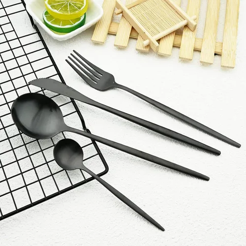 Vista 2 de Juego de cubiertos mate, 24 piezas de acero inoxidable con acabado satinado moderno para 6, juego de cubiertos de mango plano para el hogar, regalo