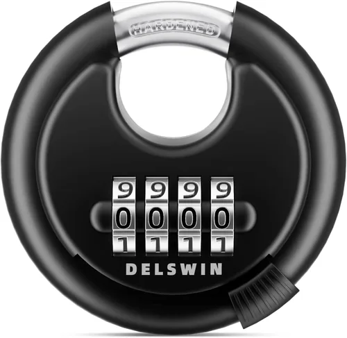 Vista 12 de DELSWIN - Candado de combinación de 4 dígitos con grillete de acero endurecido, candado de combinación para cobertizos, casillero de gimnasio, área