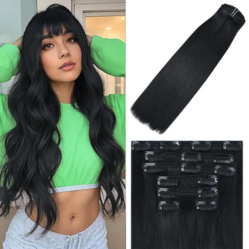 Vista 42 de WindTouch - Extensiones de cabello humano liso con pinzas, color negro azabache, 2.47 onzas, N.° 1, 12 pulgadas, 7