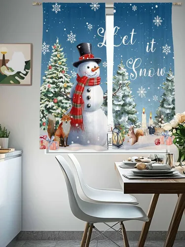 Vista 4 de Juego de 2 paneles de cortinas traslúcidas de Navidad de 63 pulgadas de largo, muñeco de nieve azul para dormitorio, sala de estar, bolsillo