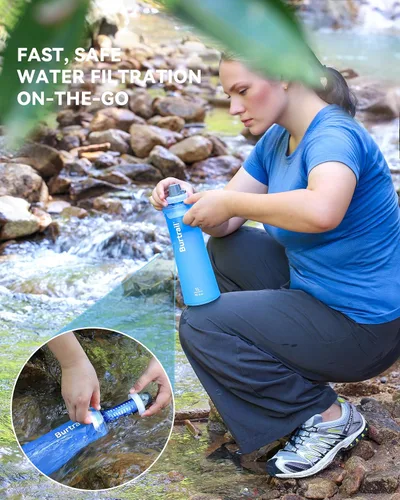 Vista 2 de Botella de filtro de agua plegable de 1.0 L, sin BPA, ultraligera y duradera, con cartucho de tapa de filtro de 1.654 in, botella de agua filtrada
