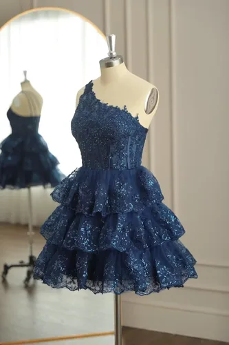 Vista 4 de One Shoulder Short Homecoming Dresses for Teens Sequin Sparkly Prom Dresses Tiered Lace Cocktail Dresses