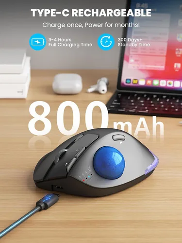 Vista 6 de MAM1 Pro - Ratón inalámbrico de Trackball, ergonómico Bluetooth recargable, mouse de pulgar retroiluminado con 5 niveles DPI, ángulo ajustable