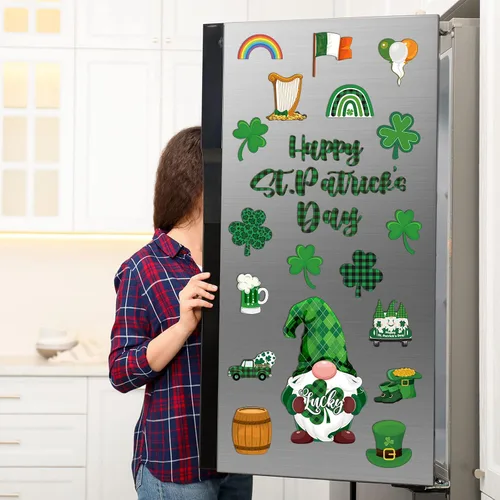 Vista 3 de 25 piezas de imanes de refrigerador de gnomos del Día de San Patricio Adhesivos magnéticos de decoración de fiesta irlandesa de trébol