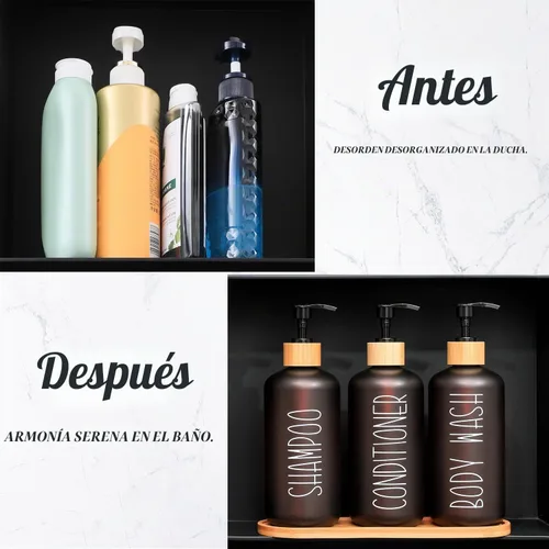 Vista 8 de MOMEEMO Juego de dispensador de ducha ámbar, contiene 3 botellas de plástico PET extra gruesas con bombas de bambú, dispensador de champú