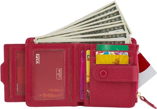 Vista 2 de Mini cartera plegable de cuero suave con protección RFID, para mujer, con funda para tarjeta, con ventana de identificación, monedero