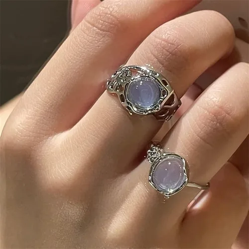 Vista 3 de HEIMAXING Anillos de plata Y2K, anillos grunge, piedra natural, ópalo, piedra lunar, perla, Indie, punk, coquette, juego de anillos apilables