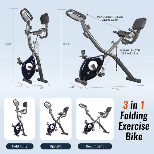 Vista 2 de leikefitness LEIKE X Bicicleta plegable ultra silenciosa, bicicleta vertical magnética con monitor de frecuencia cardíaca, monitor LCD y fácil