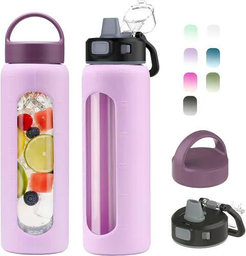 Vista 11 de Kodrine - Botella de agua de vidrio de 20 onzas con popote y 2 tapas para fácil transporte, con asa, funda de silicona y marcador de tiempo, botella