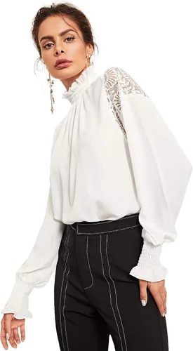 Vista 3 de Floerns Blusa de gasa transparente de manga larga abombada con cuello alto falso para mujer