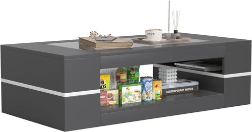 Vista 6 de HedoAjim Mesa de centro moderna y elegante de 47.2 pulgadas con parte superior de cristal, mesa grande para sala de estar, mesas centrales