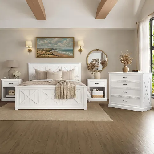 Vista 11 de Conjunto de dormitorio de 4 piezas estilo granja, cama plataforma tamaño queen con 2 mesitas de noche y almacenamiento de 5 cajones, estructura