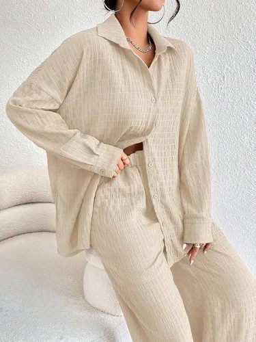 Vista 2 de Conjunto de pantalones para mujer, 2 piezas, casual, de manga larga, con botones, ropa de descanso