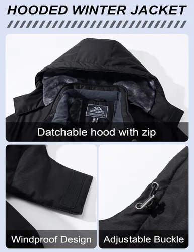 Vista 4 de MAGCOMSEN - Abrigos de invierno para hombre, impermeables, con forro polar, parka, con capucha, para esquiar, senderismo, trabajo Negro