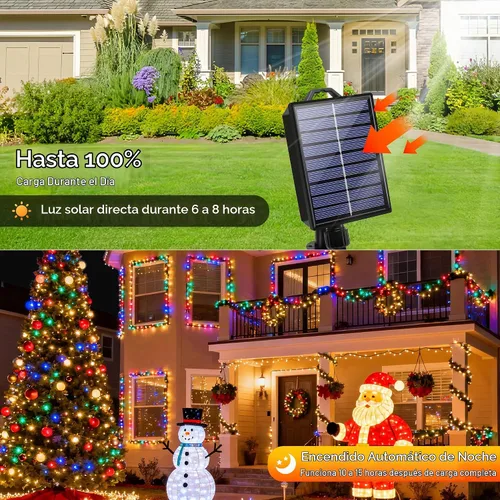 Vista 6 de Luces solares de Navidad al aire libre, 72 pies, 200 luces LED solares con 8 modos, cadena de luces de Navidad impermeable para patio, jardín