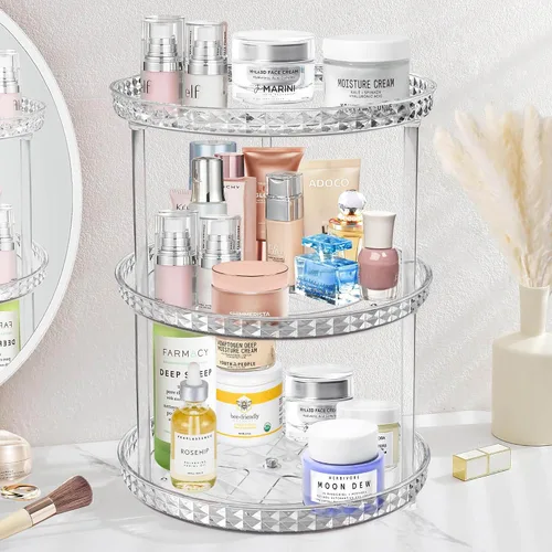 Vista 8 de Organizador de baño Lazy Susan de 2 niveles, organizador de maquillaje cosmético giratorio transparente de 360 grados para tocador, organizador