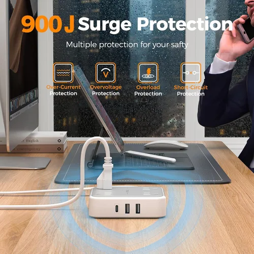Vista 4 de TESSAN Cable de extensión plano protector de sobretensiones de 1 pie, regleta de enchufe con anillo con 4 tomas, 3 puertos USB (1 USB C), protección
