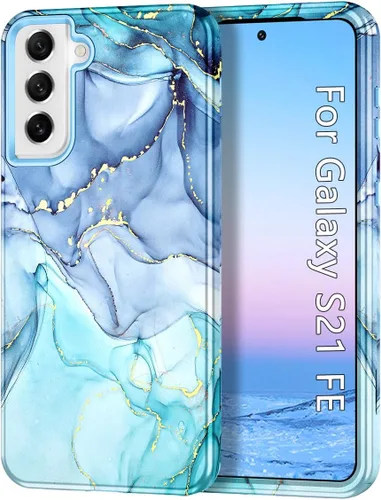 Vista 10 de Btscase Funda para Samsung S21 FE 5G 2022, patrón de mármol 3 en 1, resistente a prueba de golpes, cuerpo completo, policarbonato duro y suave