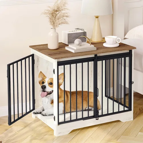 Vista 24 de Hzuaneri Mueble de jaula para perros de 27.2 pulgadas con puerta de granero, perrera resistente para interiores con 2 puertas, mesa auxiliar jaula