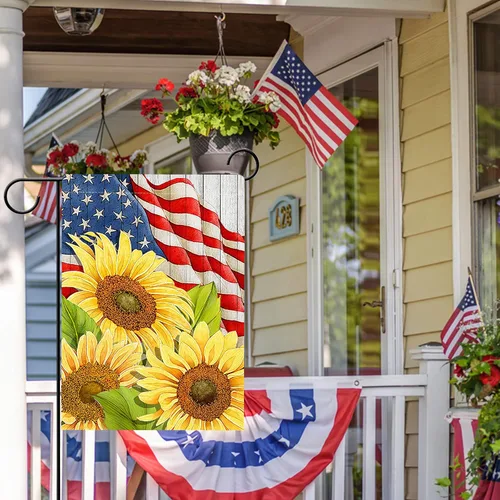 Vista 4 de Hzppyz Bandera patriótica de jardín de primavera y verano con girasoles del 4 de julio, Día de los Caídos, decoración para exteriores de doble cara