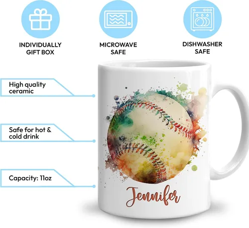 Vista 3 de Hyturtle Regalos personalizados para los amantes del béisbol – Taza de café de cerámica con nombre personalizado de 11 onzas – Idea de regalo