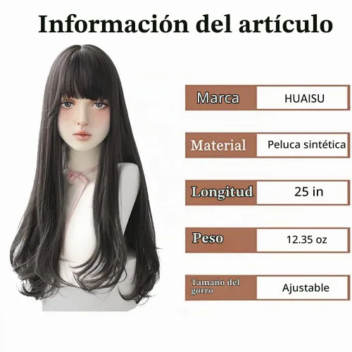 Vista 2 de Peluca larga negra con flequillo, peluca de cabello natural para mujer, peluca de cosplay