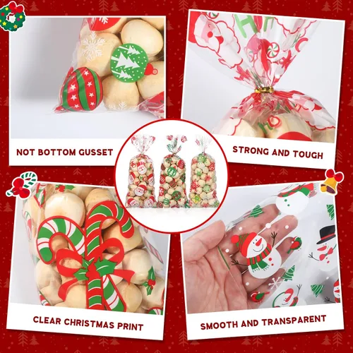 Vista 3 de Pasimy 100 Piezas Bolsas de Celofán Navideñas para Dulces con Lazos Bolsa de Regalo de Plástico Transparente a Granel Bolsas de Celofán Navideñas