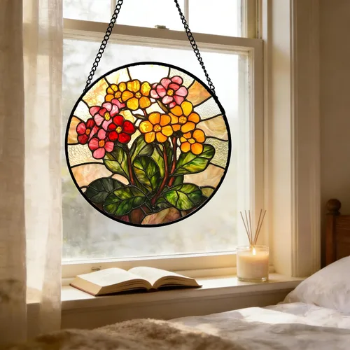 Vista 5 de Atrapasoles para colgar vidrieras, flores amarillas y rojas, para ventana, puerta, decoración del hogar, plantas verdes, atrapasoles, Navidad, Día