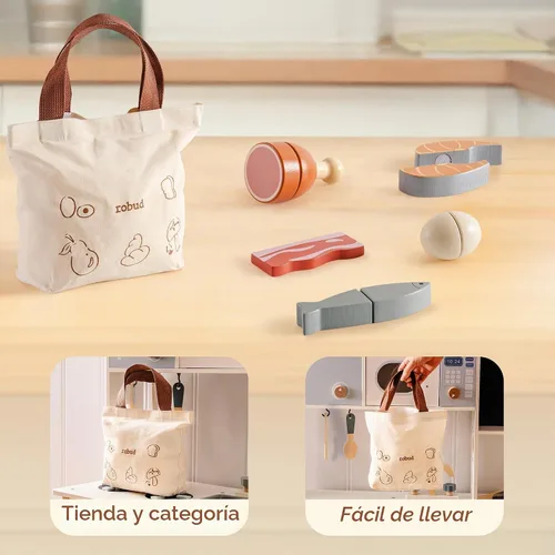 Vista 7 de ROBUD Juego de Comida de Madera para Jugar, Alimentos de Juguete para Cortar para Cocina de Simulación de Niños, Accesorios de Juguete de Cocina