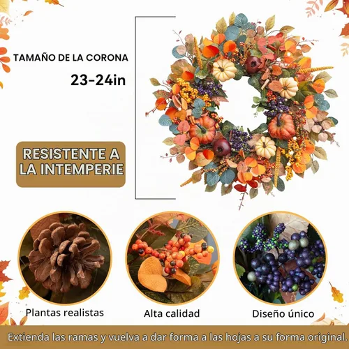 Vista 4 de Coronas de otoño para puerta delantera, corona de cosecha rústica de otoño Naranja