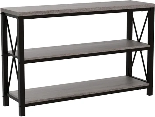 Vista 4 de Mesa de Sofá Rústica Detrás del Sofá, Mesas Consola Industriales para Entrada, Mesa de Entrada de 3 Niveles con Estantes de Madera con Roble gris