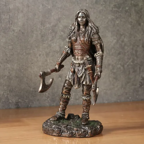 Vista 5 de Veronese Design 6 1/8 Final de bronce fundido en frío de la escultura femenina de la resina de Berserker de las hachas gemelas de Viking