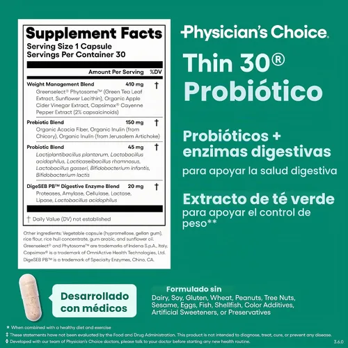 Vista 6 de Physician's CHOICE Probióticos para controlar el peso y la hinchazón, 30 unidades 6 Probiotic Strains, Prebiotics, Cayenne, & Green Tea for Gut
