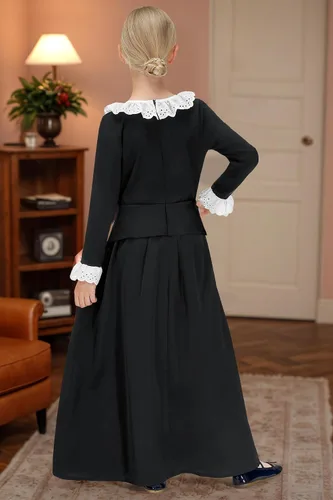 Vista 6 de BesserBay Girls 5Pcs Colonial Black Costume Long Sleeve Ruffled Collars Button Dress 6-14 Years