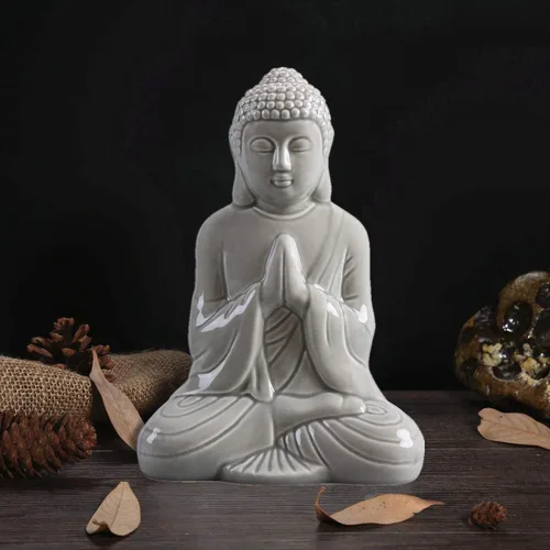 Vista 2 de Figura de Buda rezando de cerámica, estatua mediana serena (11 pulgadas de alto, gris)