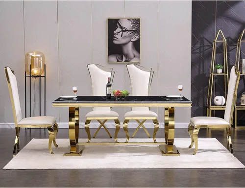 Vista 12 de ACEDÉCOR Juego de mesa de comedor de 5 piezas, mesa de comedor moderna con base en U de metal de acero inoxidable dorado, 4 sillas de comedor