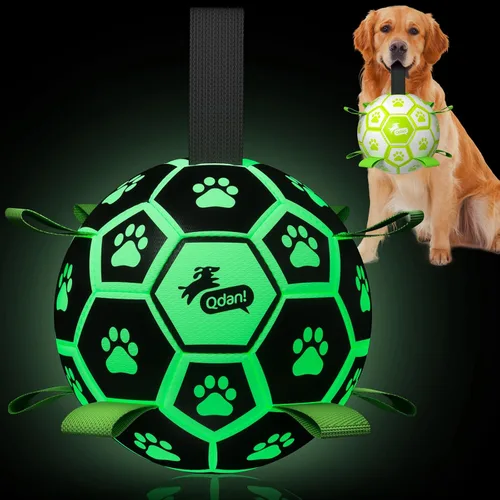 Vista 9 de QDAN Juguetes prémium para perros que brillan en la oscuridad, pelota de perro con correas, pelota de fútbol para perros, juguetes para perros al