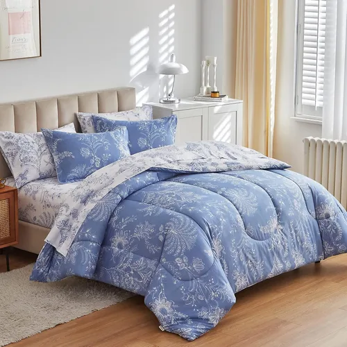 Vista 8 de Flysheep Juego de edredón reversible floral tamaño individual, juego de ropa de cama con estampado botánico blanco y azul, microfibra ultra suave