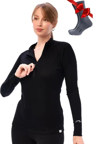 Vista 10 de Suéter 100% de lana merino con cremallera para mujer, capa base térmica con . 250 negro