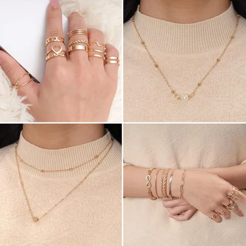 Vista 3 de Heliltd Juego de 46 joyas para mujer, pulseras ajustables, apilables, anillos para nudillos, collar en capas, aretes de aro de una sola capa
